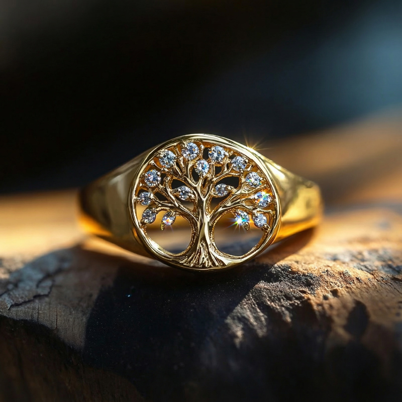 Diamond Lucky Hollow Tree Of Life Round Signet Ring With Iced Out Shine