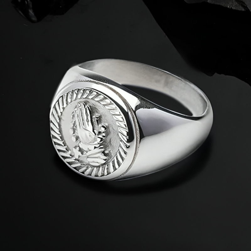 Men's Engraved Praying Hands Grateful Signet Ring Diamond - Image 4