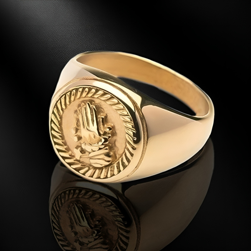 Men's Engraved Praying Hands Grateful Signet Ring Diamond