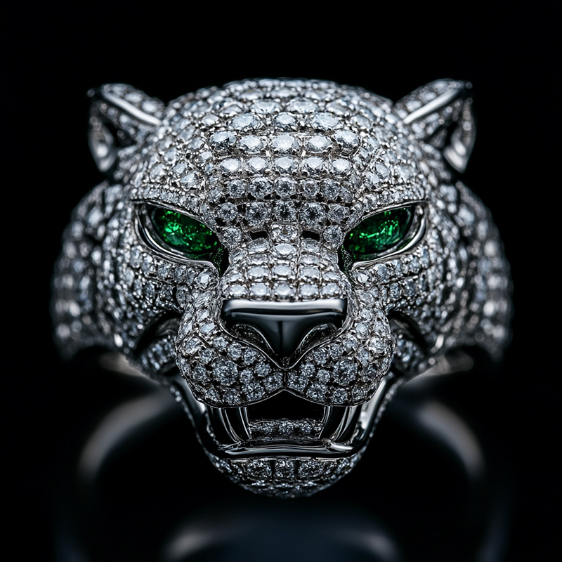 Iced Out Roaring Leopard Head With Emerald Eye Ring Silver