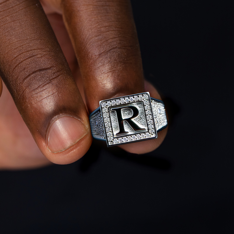 Micro Pave Square 26 Initial Letters Ring Silver With Street Luxury Shine - Image 4