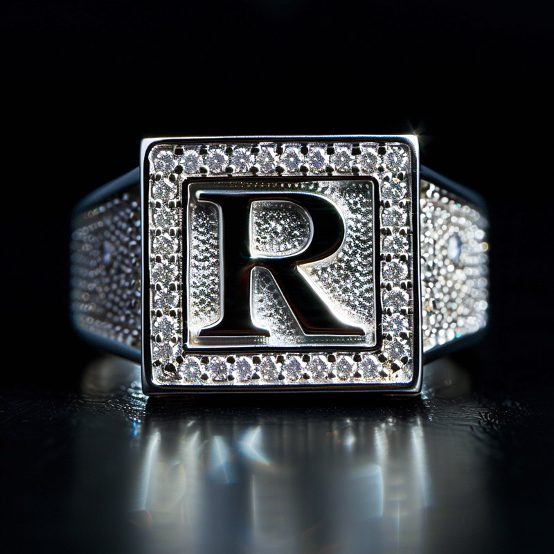 Micro Pave Square 26 Initial Letters Ring Silver With Street Luxury Shine