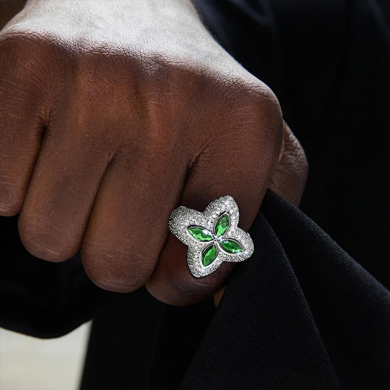 Iced Out Out Four Leaf Clover Emerald Ring Gold With Street Luxury Shine - Image 3