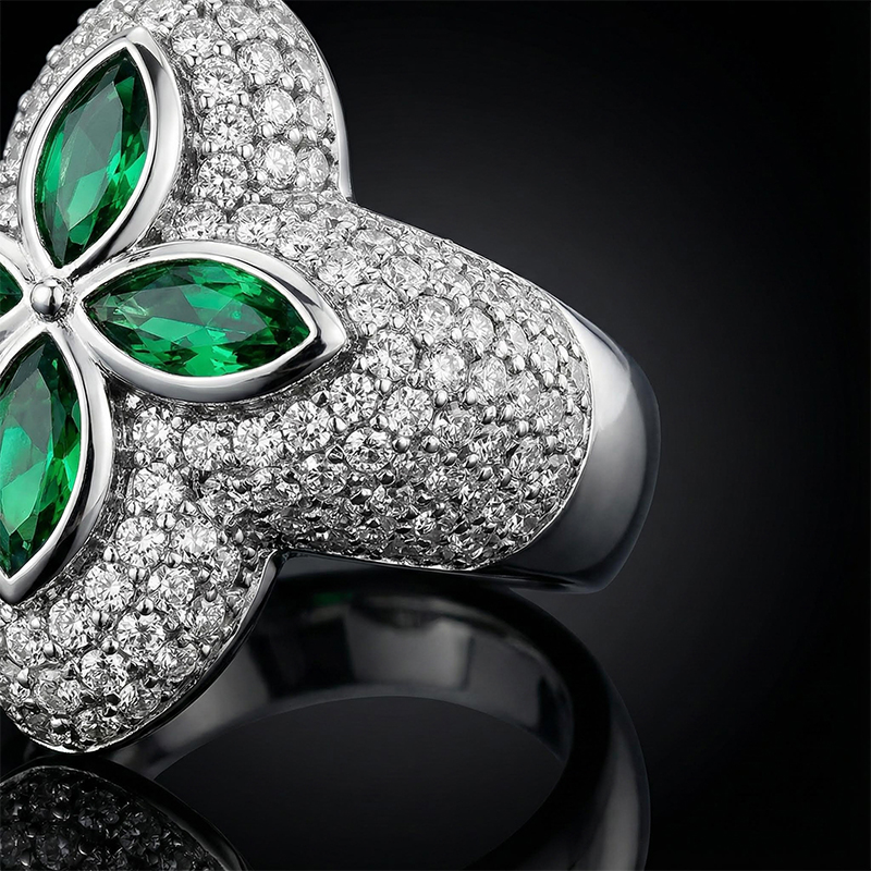 Iced Out Out Four Leaf Clover Emerald Ring Gold With Street Luxury Shine - Image 4