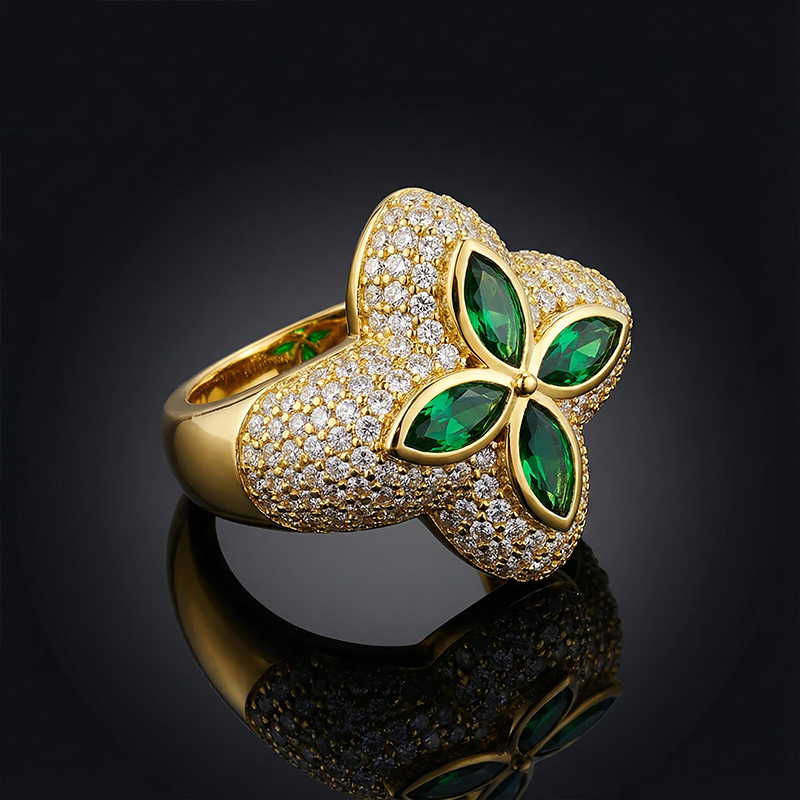 Iced Out Out Four Leaf Clover Emerald Ring Gold With Street Luxury Shine - Image 5