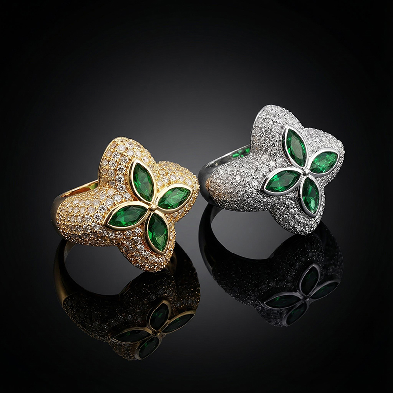 Iced Out Out Four Leaf Clover Emerald Ring Gold With Street Luxury Shine - Image 6