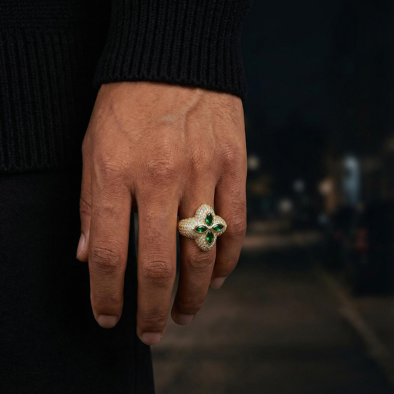 Iced Out Out Four Leaf Clover Emerald Ring Gold With Street Luxury Shine - Image 7
