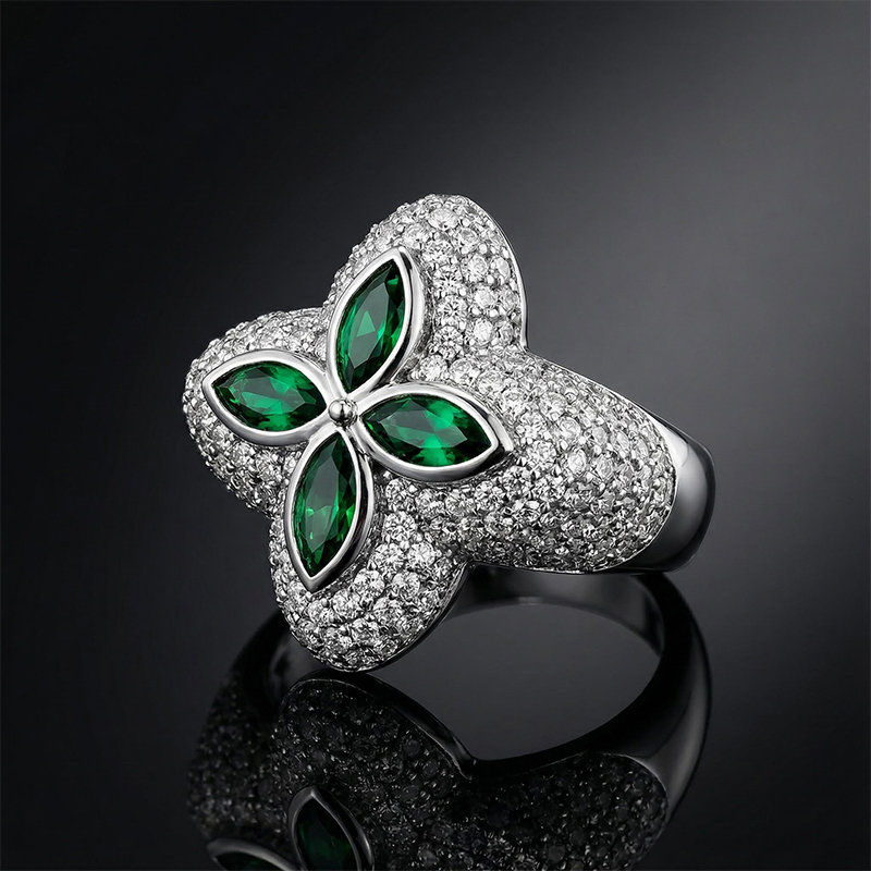 Iced Out Out Four Leaf Clover Emerald Ring Gold With Street Luxury Shine