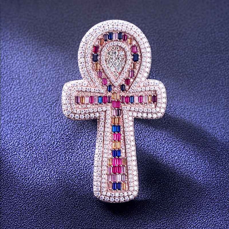 Iced Out Colorful Baguette Cut Ankh Ring Gold With Street Luxury Shine - Image 3