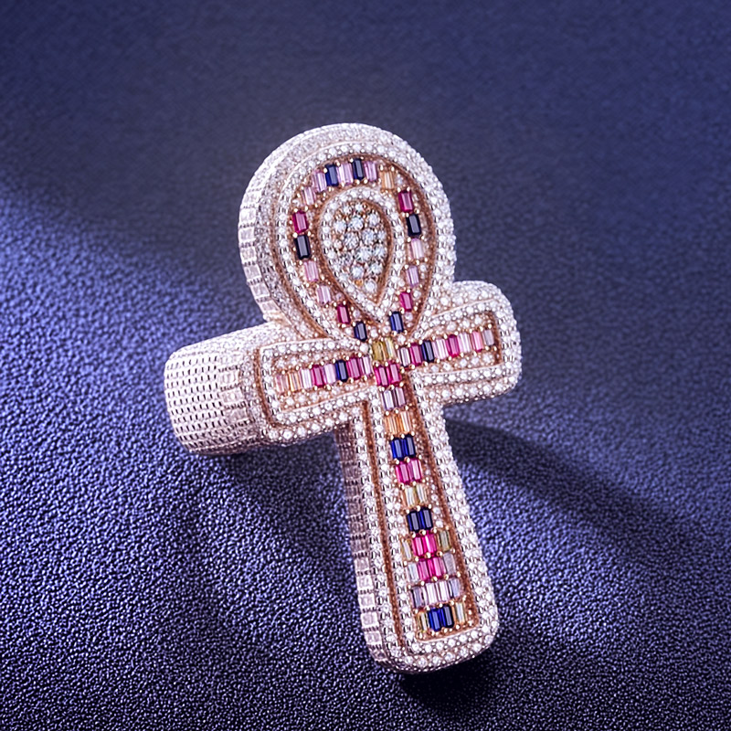 Iced Out Colorful Baguette Cut Ankh Ring Gold With Street Luxury Shine