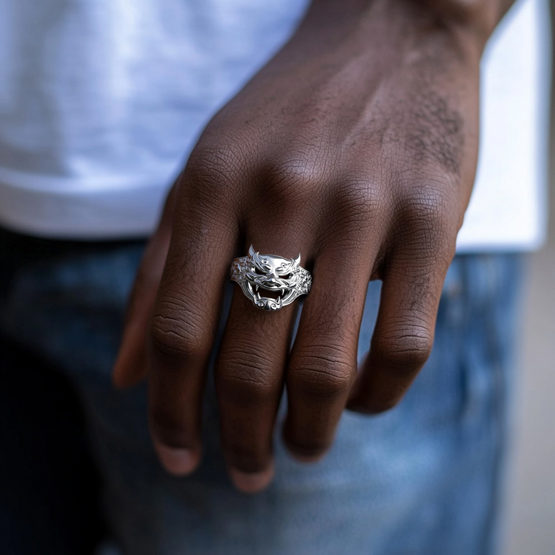 Japanese Hannya Mask Devil Oni Men's Ring Silver With Street Luxury Shine - Image 5