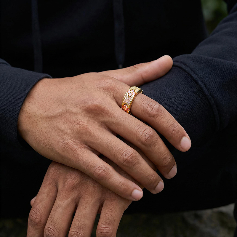 Iced Out Micro Paved Pink Stone Four Leaf Clover Ring Gold - Image 4