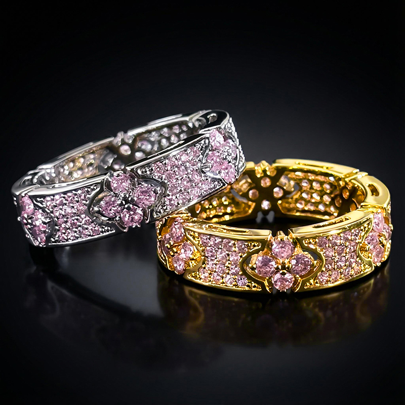 Iced Out Micro Paved Pink Stone Four Leaf Clover Ring Gold - Image 5