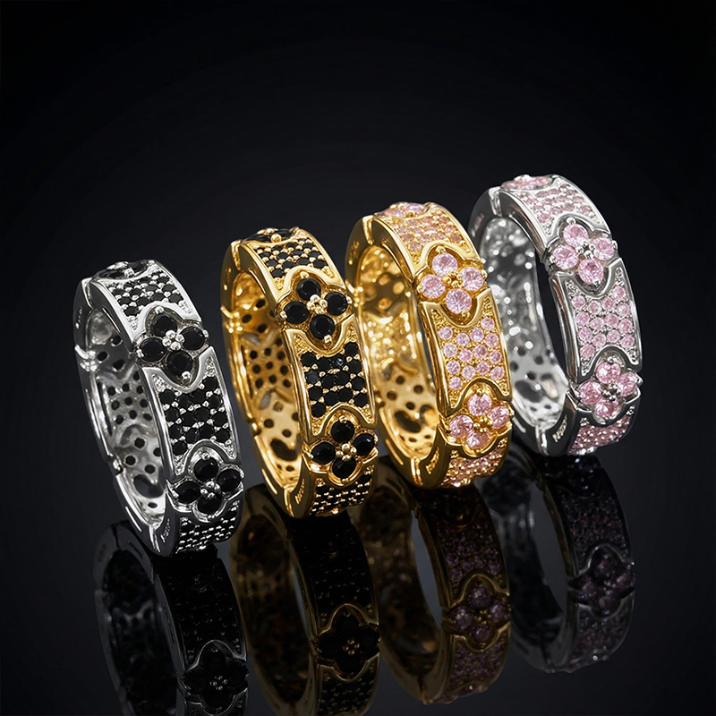 Iced Out Micro Paved Pink Stone Four Leaf Clover Ring Gold - Image 6