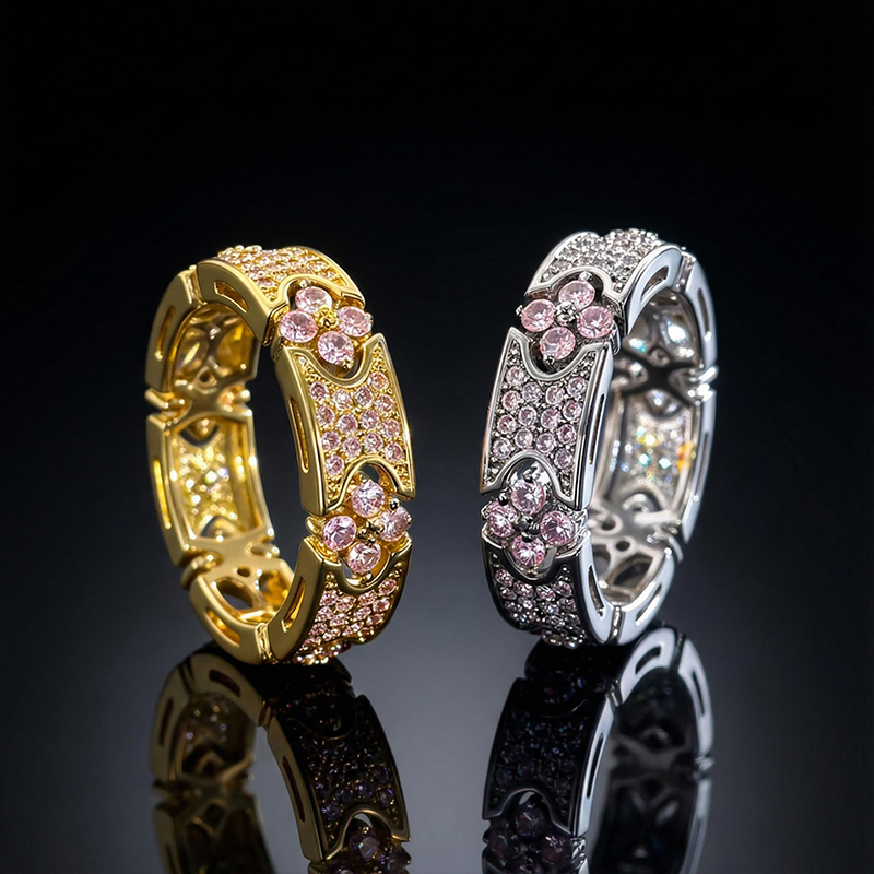 Iced Out Micro Paved Pink Stone Four Leaf Clover Ring Gold