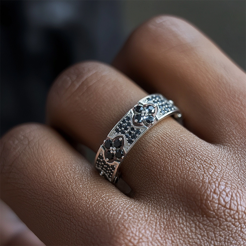 Iced Out Micro Paved Black Stone Four Leaf Clover Ring Gold - Image 3
