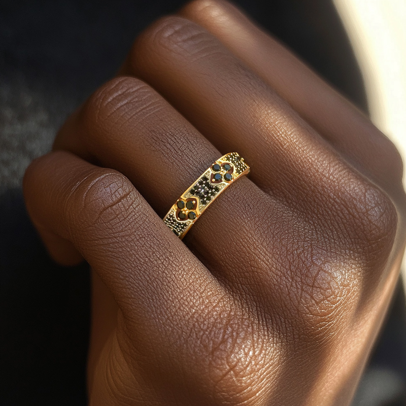 Iced Out Micro Paved Black Stone Four Leaf Clover Ring Gold - Image 4