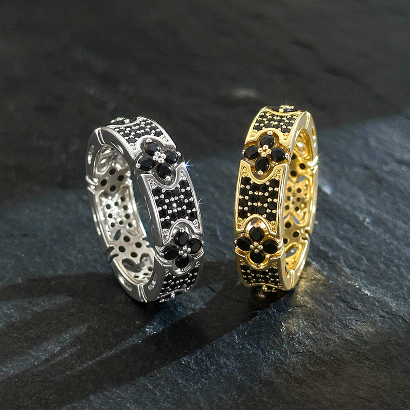 Iced Out Micro Paved Black Stone Four Leaf Clover Ring Gold - Image 5