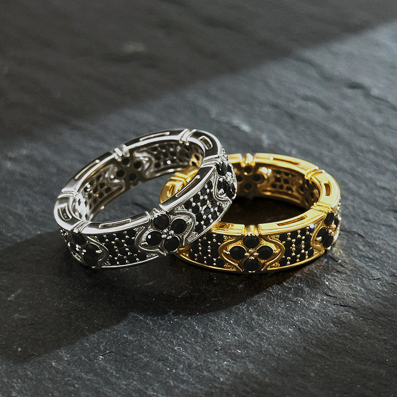 Iced Out Micro Paved Black Stone Four Leaf Clover Ring Gold - Image 6