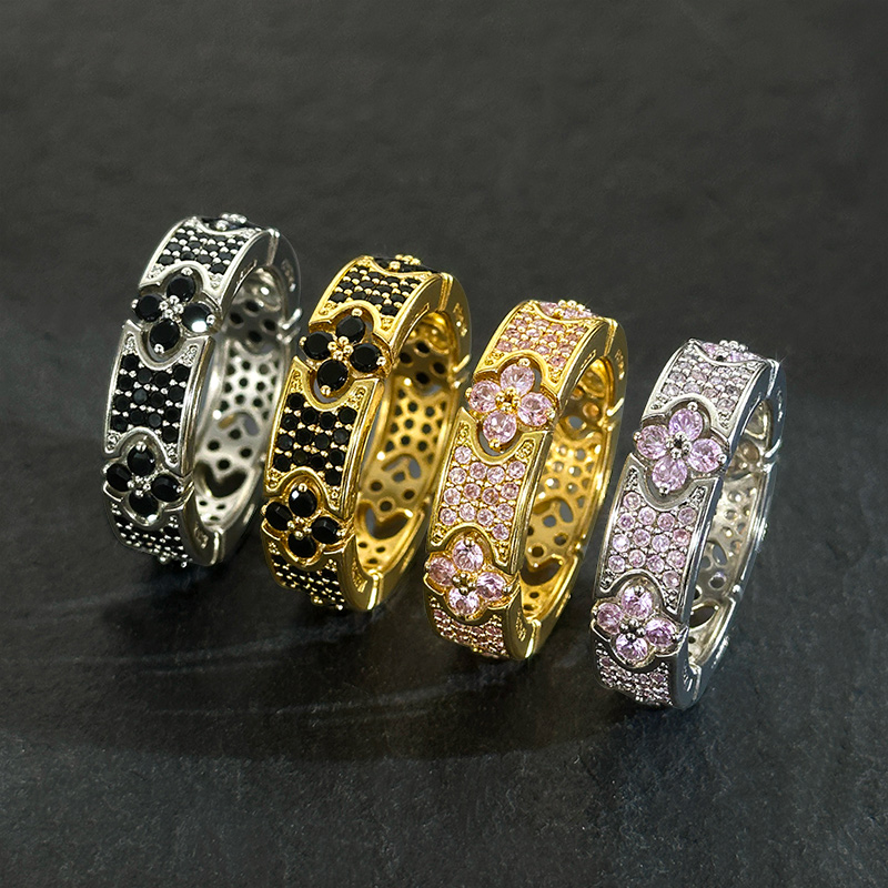 Iced Out Micro Paved Black Stone Four Leaf Clover Ring Gold