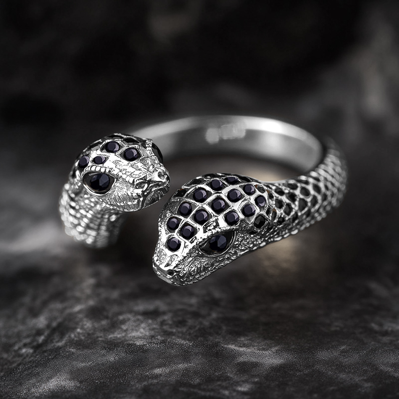 Iced Out Black Diamonds Two Head Snake Ring Silver With Street Luxury Shine