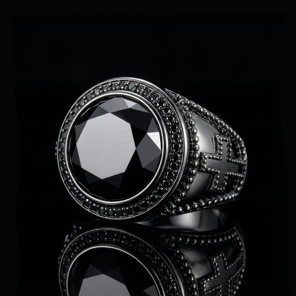 Iced Out Black Onyx Cross Ring In Black Gold With Street Luxury Shine
