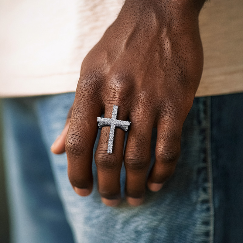 Iced Out Out Round Cut Cross Ring In White Gold Moissanite - Image 4