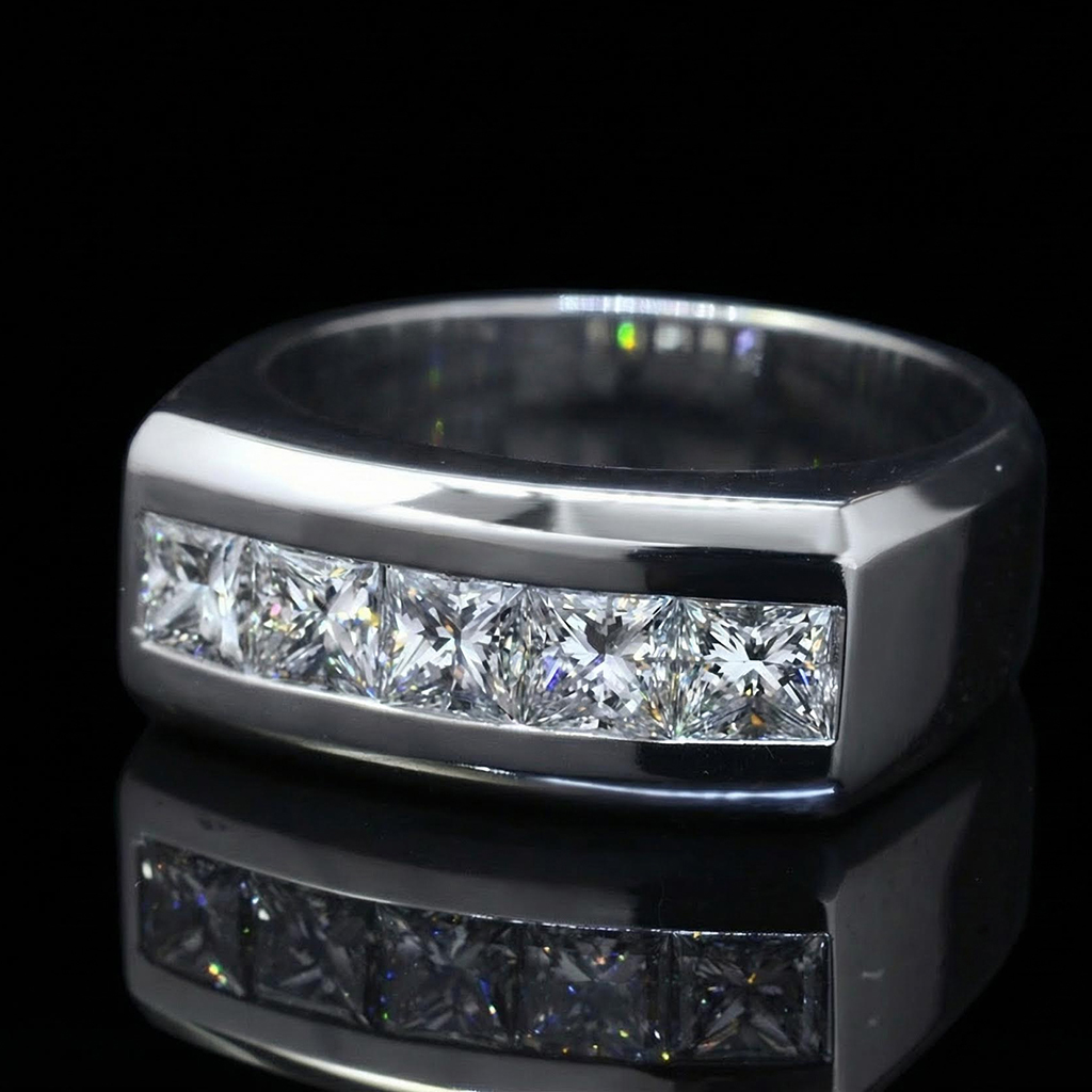 S925s & Vvs Moissanite 5 Stone Princess Cut Diamond Band Iced Out