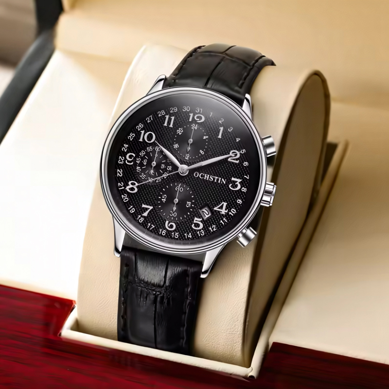 Multifunctional Black Men's Watch With Leather Strap Hip Hop Jewelry