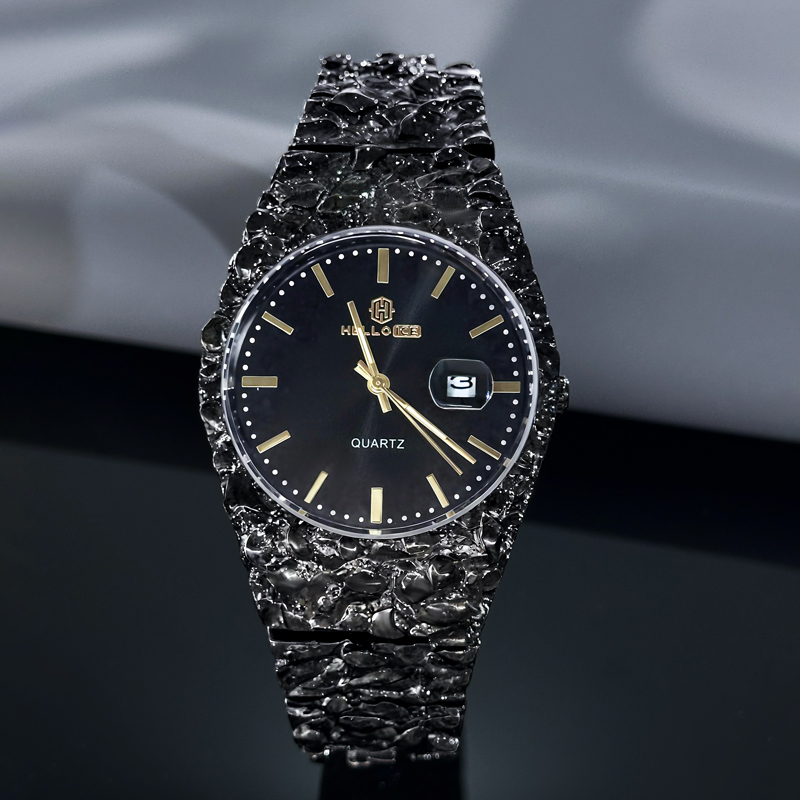 Black Gold Nugget Date Quartz Watch With Clean Street Luxury Style