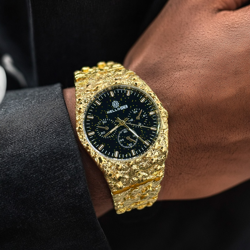 Starlight Dial Gold Nugget Date Quartz Watch With Street Luxury Shine