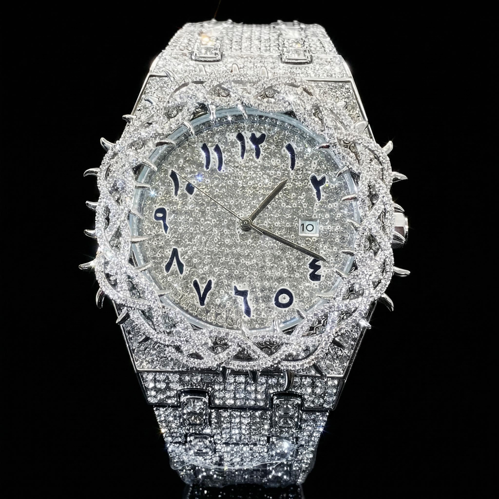 Iced Out Out Thorn Crown Men's Watch In White Gold With Street Luxury Shine