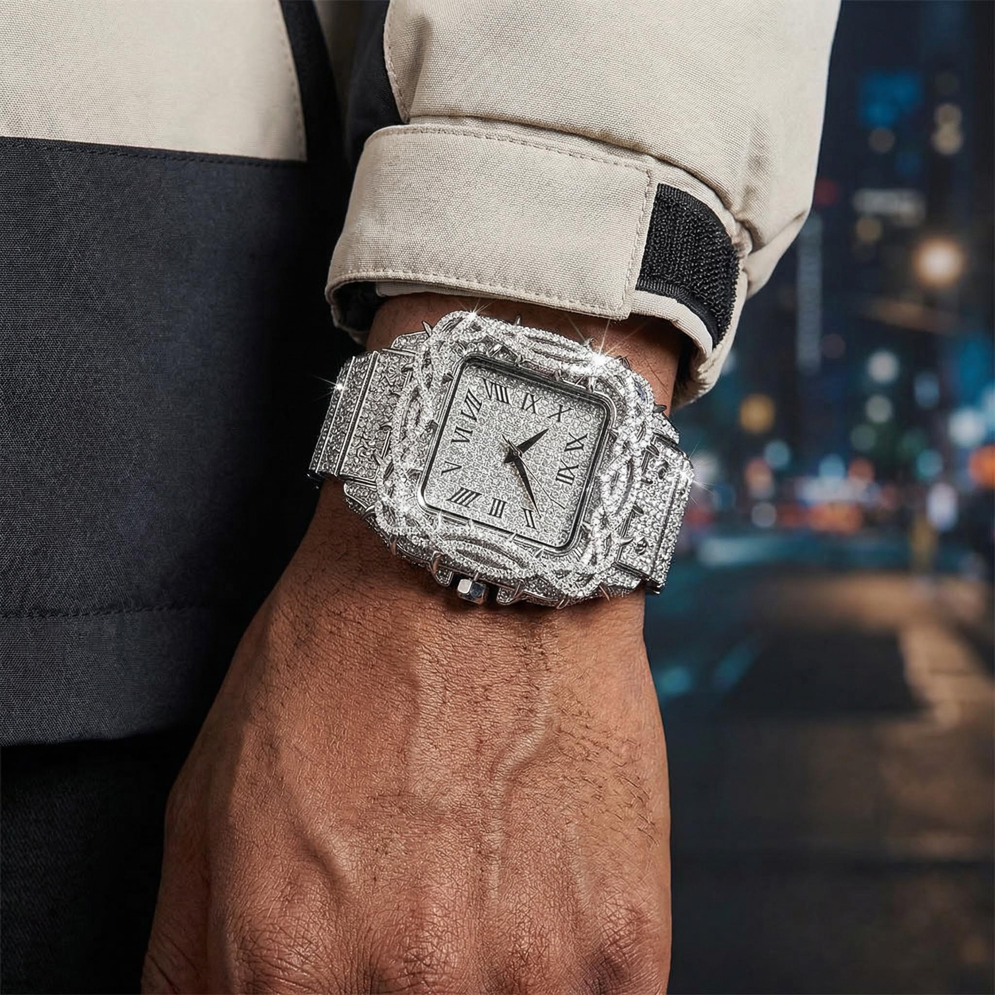 Bold Iced Out Out Thorn Crown Square Quartz Men's Watch In White Gold - Image 3