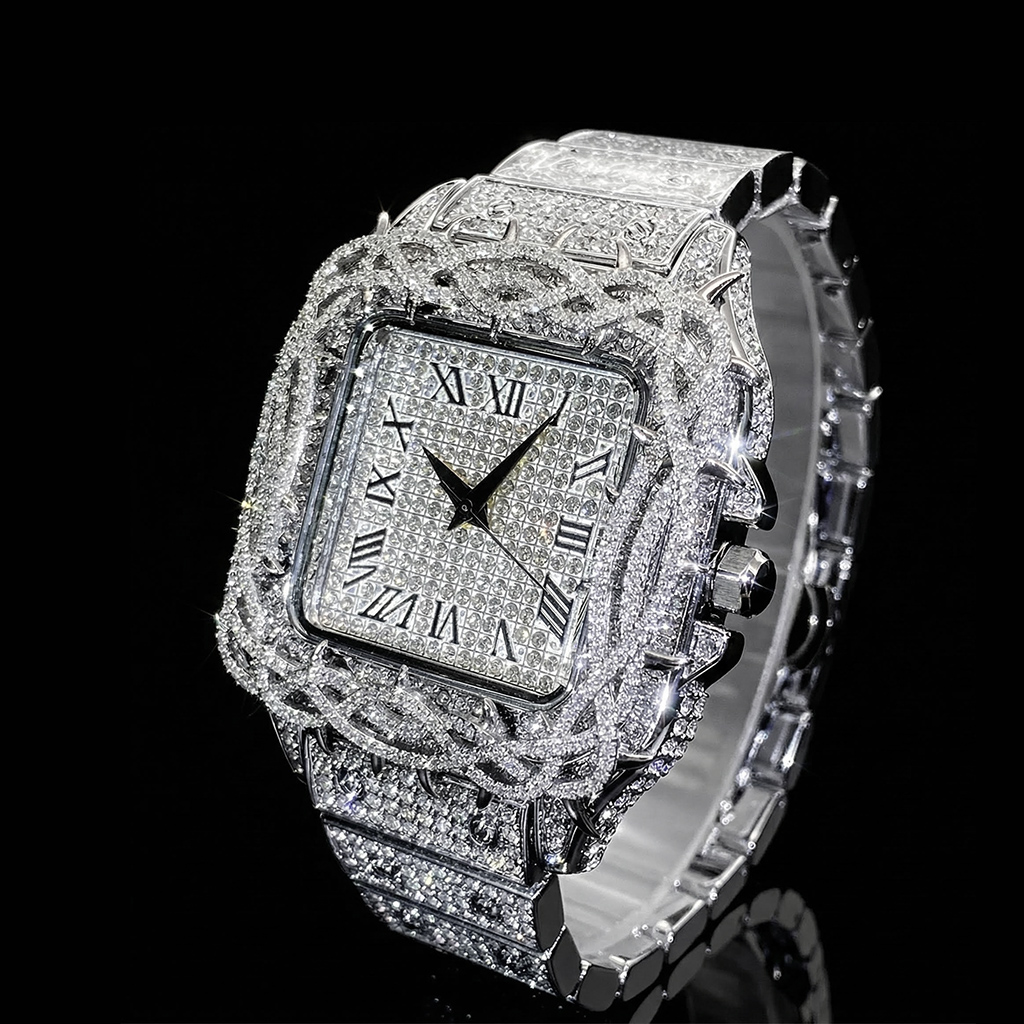 Bold Iced Out Out Thorn Crown Square Quartz Men's Watch In White Gold - Image 4