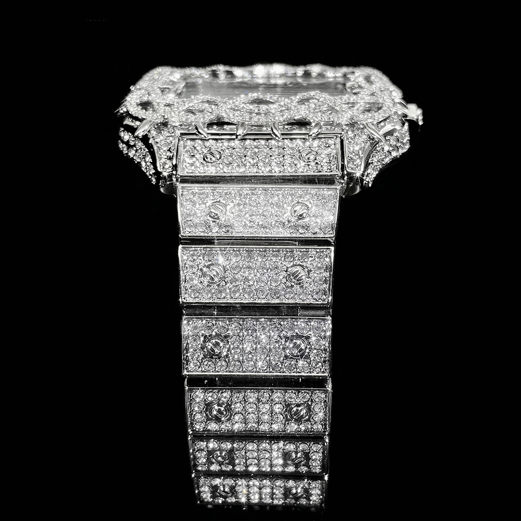 Bold Iced Out Out Thorn Crown Square Quartz Men's Watch In White Gold - Image 6