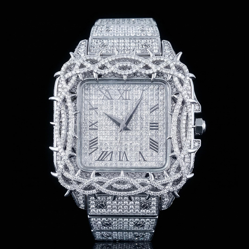 Bold Iced Out Out Thorn Crown Square Quartz Men's Watch In White Gold