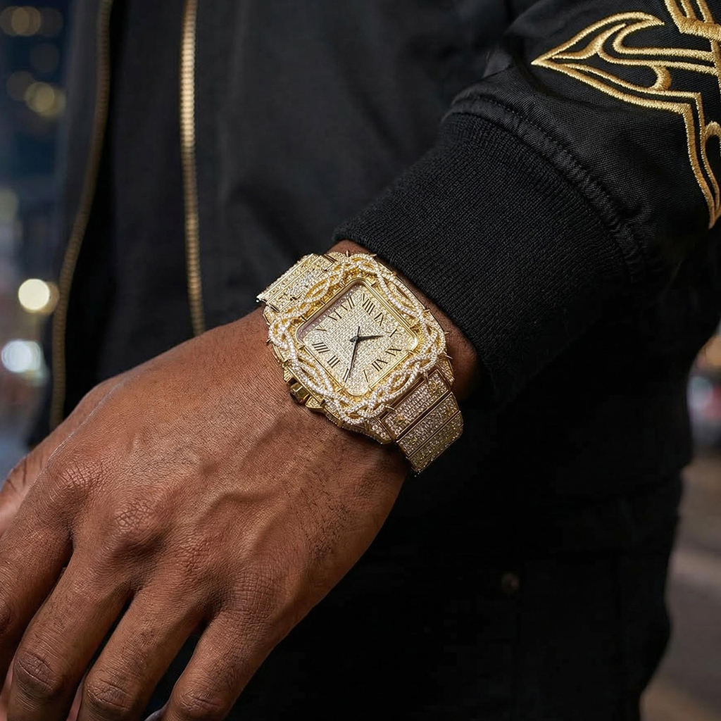 Iced Out Out Thorn Crown Square Quartz Men's Watch In Gold With Gold Shine - Image 3