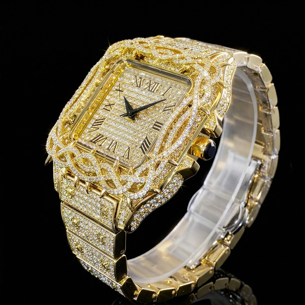 Iced Out Out Thorn Crown Square Quartz Men's Watch In Gold With Gold Shine - Image 4