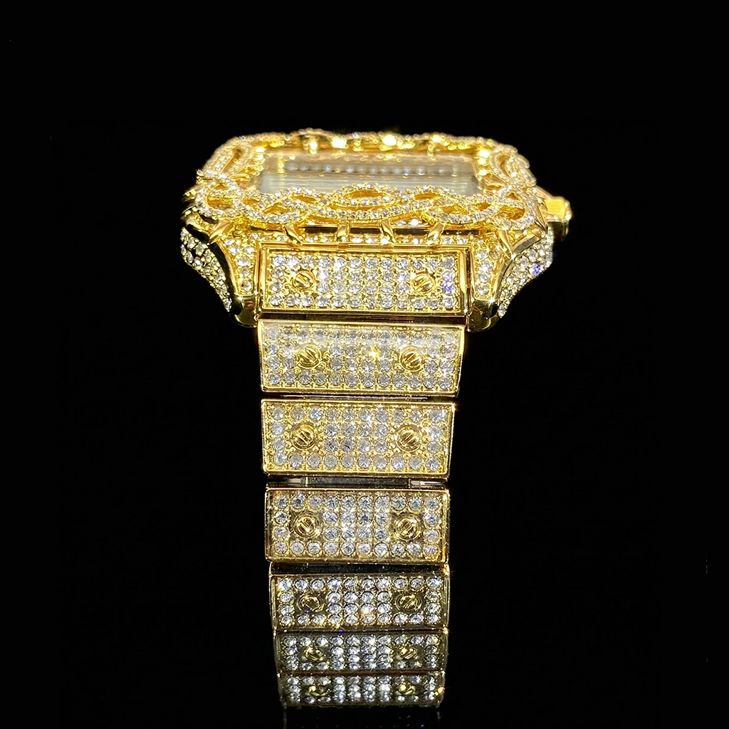 Iced Out Out Thorn Crown Square Quartz Men's Watch In Gold With Gold Shine - Image 5