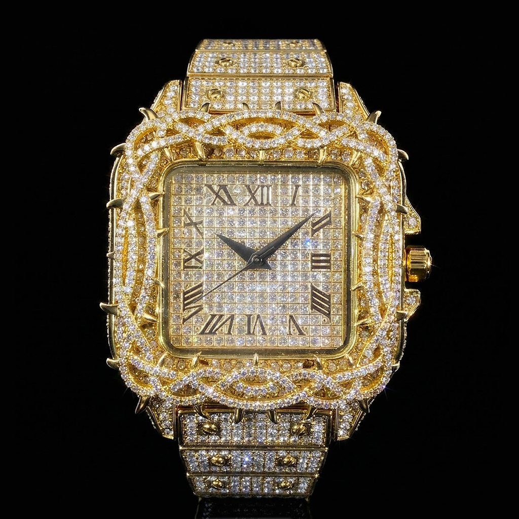 Iced Out Out Thorn Crown Square Quartz Men's Watch In Gold With Gold Shine