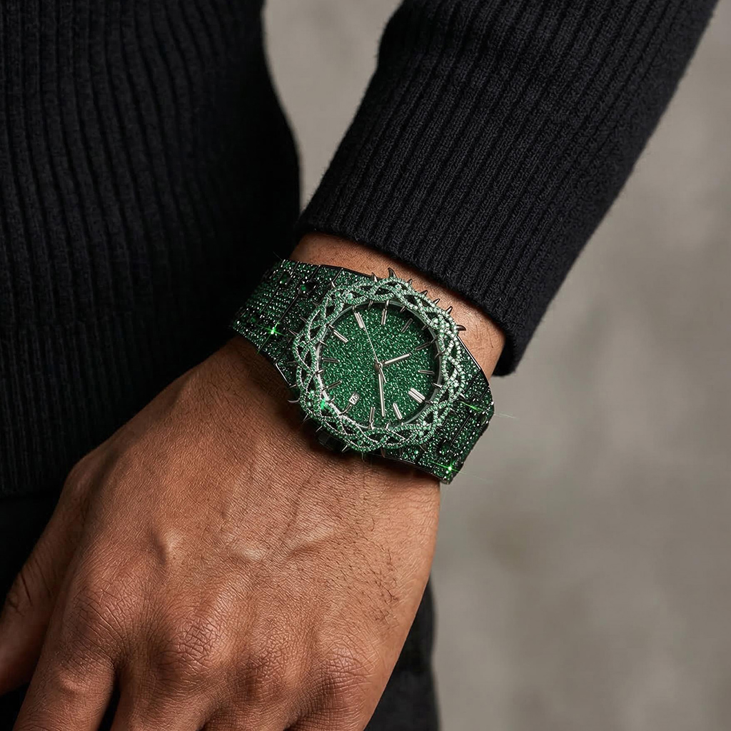 Iced Out Out Green Thorn Crown Watch Silver With Street Luxury Shine - Image 3