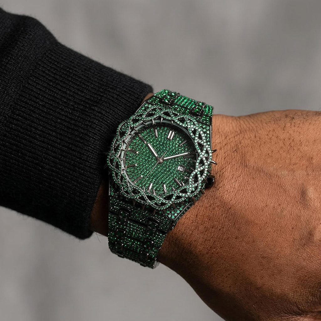 Iced Out Out Green Thorn Crown Watch Silver With Street Luxury Shine - Image 4