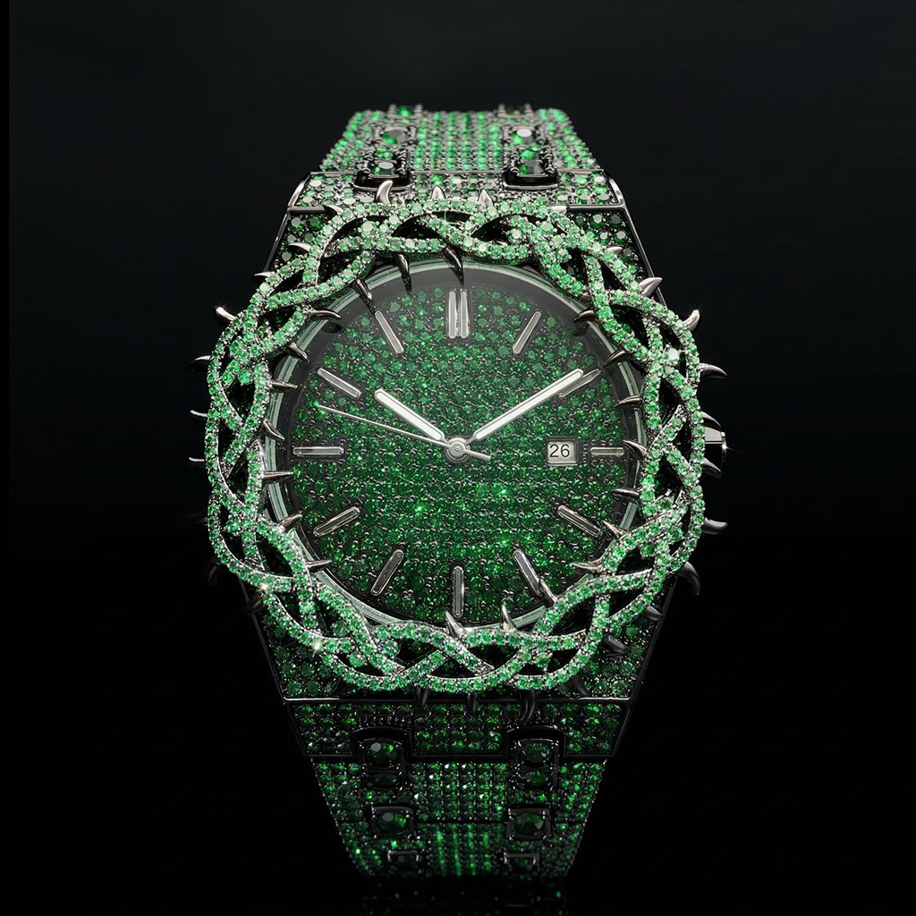 Iced Out Out Green Thorn Crown Watch Silver With Street Luxury Shine