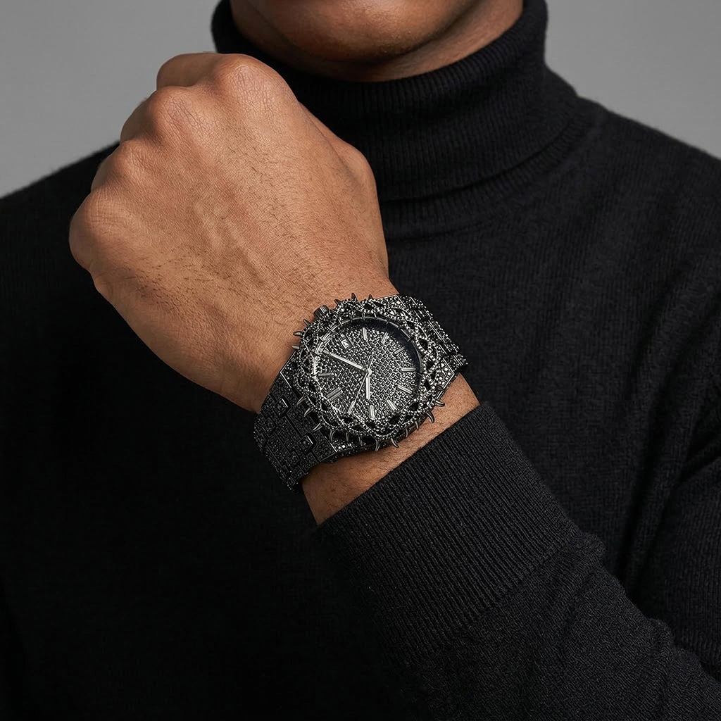 Iced Out Out Black Thorn Crown Men's Watch Silver With Street Luxury Shine - Image 3