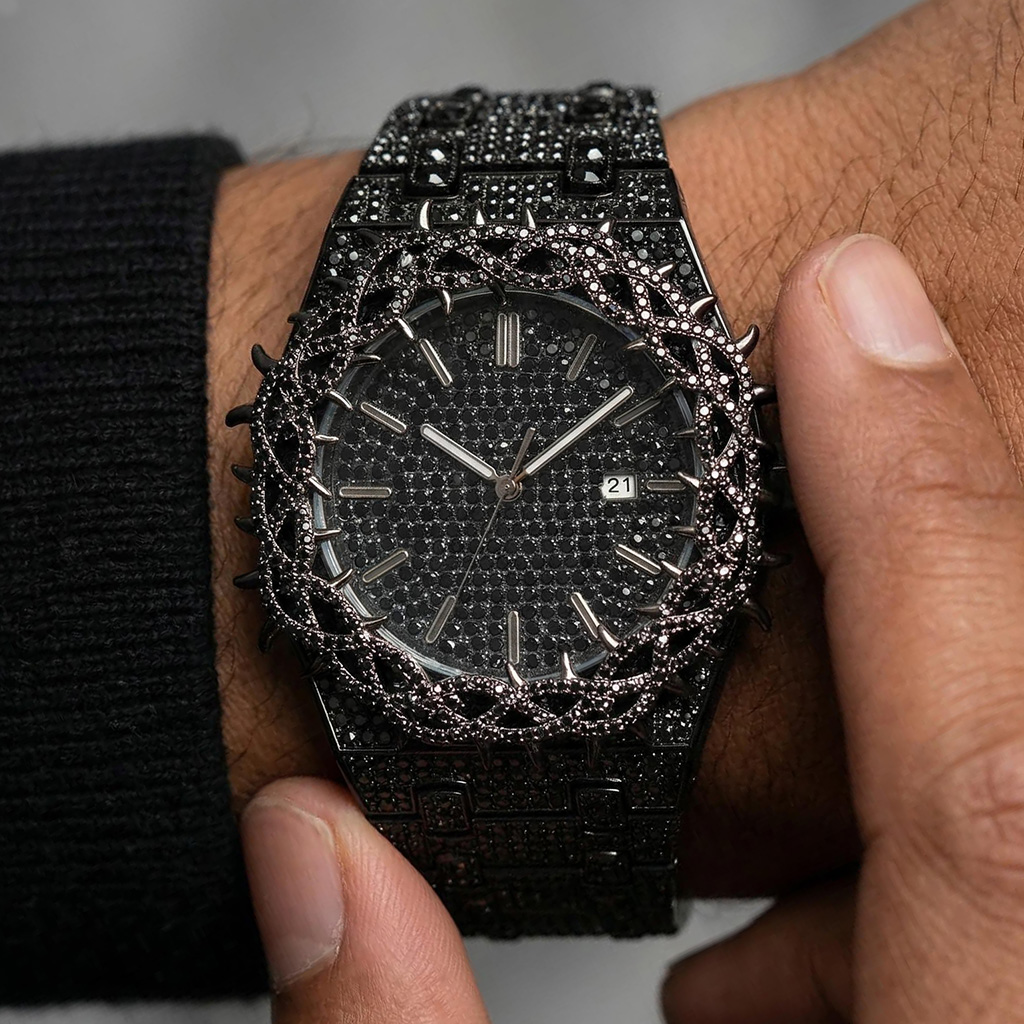 Iced Out Out Black Thorn Crown Men's Watch Silver With Street Luxury Shine - Image 4