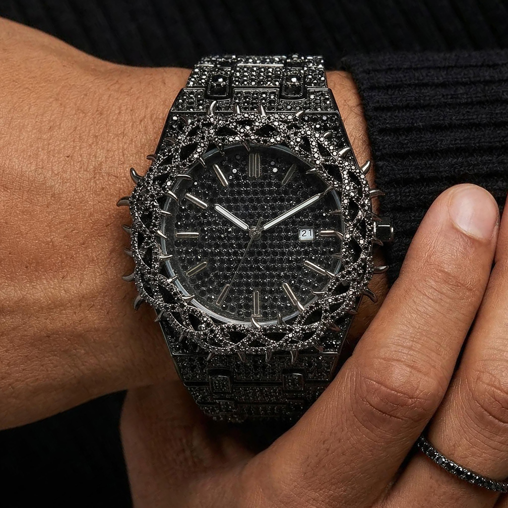 Iced Out Out Black Thorn Crown Men's Watch Silver With Street Luxury Shine