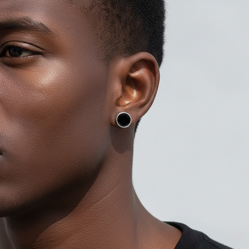 Simple Round Black Greek Key Earrings Silver With Street Luxury Shine - Image 4