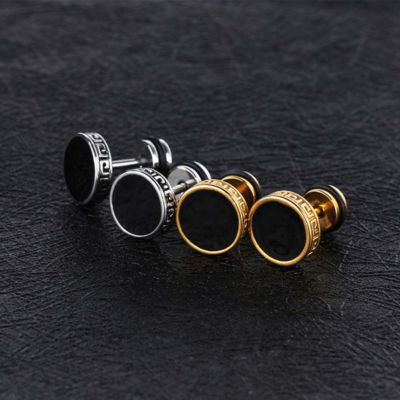Simple Round Black Greek Key Earrings Silver With Street Luxury Shine - Image 5