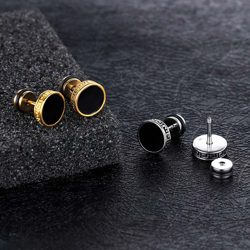 Simple Round Black Greek Key Earrings Silver With Street Luxury Shine - Image 6