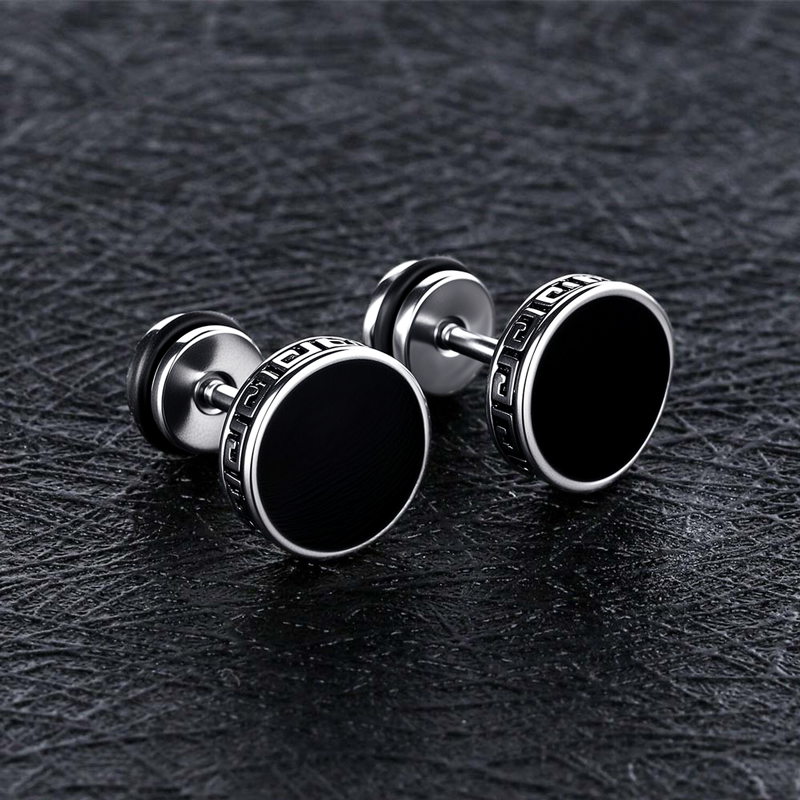 Simple Round Black Greek Key Earrings Silver With Street Luxury Shine